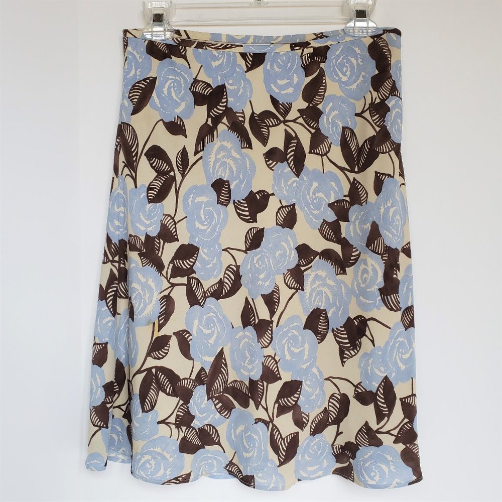 LOFT Blue-Cream-Brown Leaf Print Lined Silk Skirt 4 - Picture 1 of 7